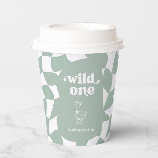 Wild One おしゃれなアヒル 1歳の誕生日 Sage Green 紙コップ (正面)