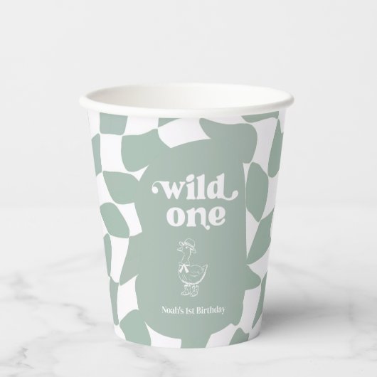 Wild One おしゃれなアヒル 1歳の誕生日 Sage Green 紙コップ (正面)