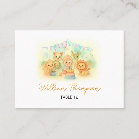 Wild One かわいいサファリ動物 男の子 1歳の誕生日 プレイスカード (正面)