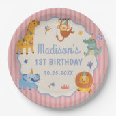 Wild One かわいいサファリ動物 1歳の誕生日 ペーパープレート (正面)