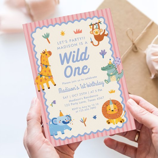 Wild One かわいいサファリ動物 1歳の誕生日 招待状