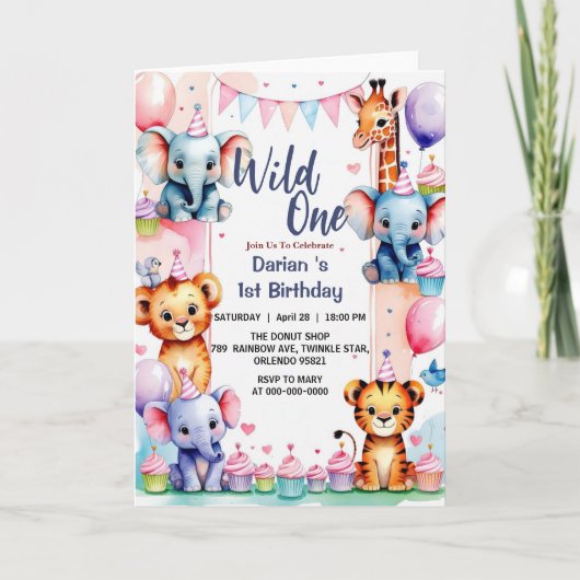 Wild One かわいい動物バルーンカップケーキ 1歳の誕生日 招待状 (正面)