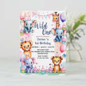 Wild One かわいい動物バルーンカップケーキ 1歳の誕生日 招待状 (スタンド正面)