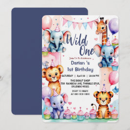 Wild One かわいい動物バルーンカップケーキ 1歳の誕生日 招待状