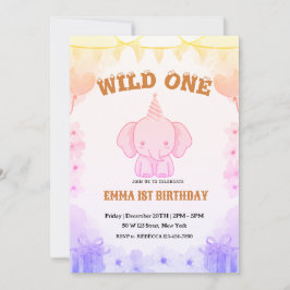 Wild One かわいい象の1歳の誕生日招待状 招待状