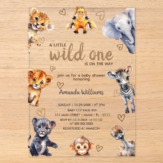 Wild One アニマル モダン シンプル 男の子 ベビーシャワー アクリル招待状 (正面)