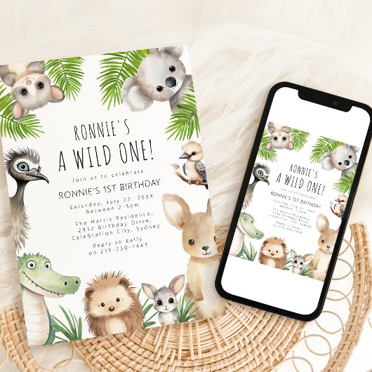 Wild One! オーストラリアの動物の1歳の誕生日パーティー 招待状