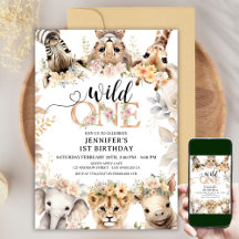 Wild ONE | サファリジャングル動物1歳の誕生日おんなのこ