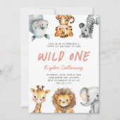 Wild One サファリテーマ 女の子の1歳の誕生日パーティー 招待状 (正面)