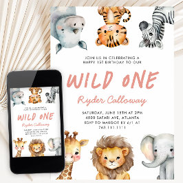 Wild One サファリテーマ 女の子の1歳の誕生日パーティー 招待状