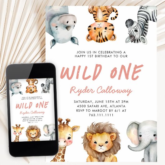 Wild One サファリテーマ 女の子の1歳の誕生日パーティー 招待状