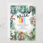 Wild ONE' サファリ動物たち クールな1歳の誕生日 招待状 (正面)