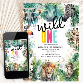 Wild ONE' サファリ動物たち クールな1歳の誕生日 招待状