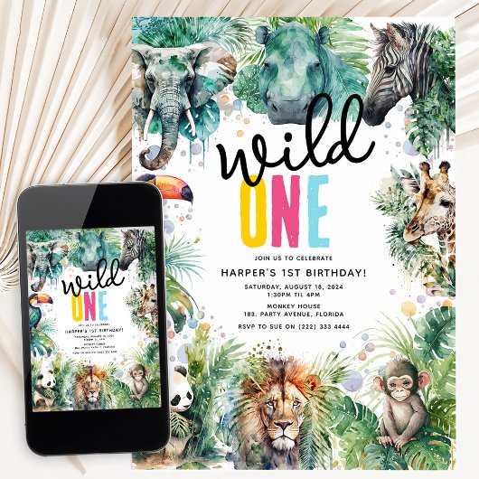 Wild ONE' サファリ動物たち クールな1歳の誕生日 招待状