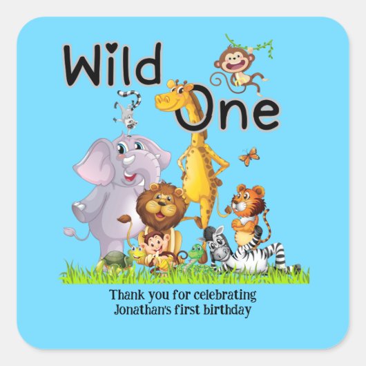 Wild One サファリ動物 1歳の誕生日 カートゥーン インビテーション スクエアシール (正面)