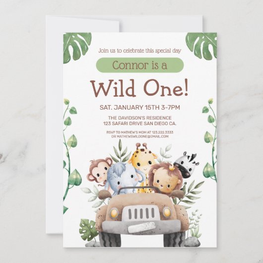 Wild One サファリ アニマルズ 1st バースデー招待状 招待状 (正面)