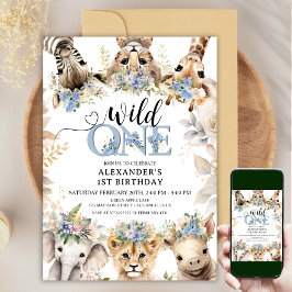 Wild ONE | サファリ・ジャングルの動物 1歳の誕生日 男の子 招待状