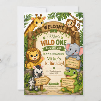 Wild One サファリ バースデー招待状 | かわいいジャングル 招待状