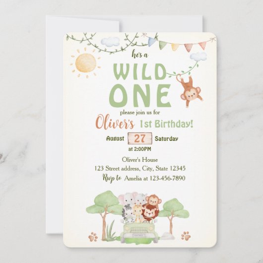 Wild One サファリ 写真 ファーストバースデー招待状 招待状 (正面)
