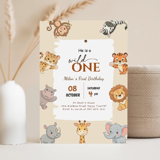 Wild One サファリ 動物 男の子 女の子 1歳 誕生日パーティー 招待状
