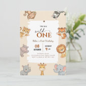 Wild One サファリ 動物 男の子 1歳 誕生日パーティー 招待状 (スタンド正面)