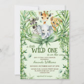 Wild One サファリ 動物 緑の草木 ベビーシャワー 招待状 (正面)
