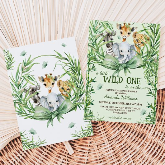 Wild One サファリ 動物 緑の草木 ベビーシャワー 招待状
