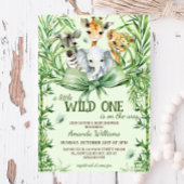 Wild One サファリ 動物 緑の草木 ベビーシャワー 招待状