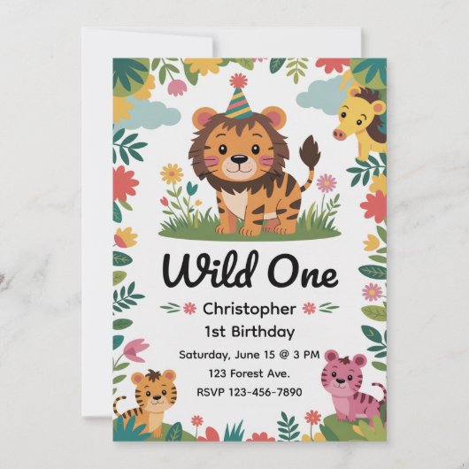 Wild One サファリ 動物 1歳の誕生日 | ジャングル 招待状 (正面)