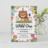 Wild One サファリ 動物 1歳の誕生日 | ジャングル 招待状 (スタンド正面)