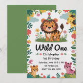 Wild One サファリ 動物 1歳の誕生日 | ジャングル 招待状 (正面/裏面)