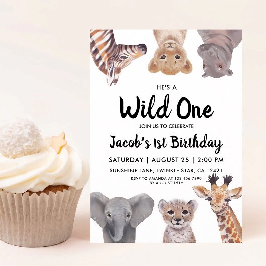 Wild One サファリ 動物 1歳の誕生日 招待状