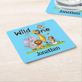 Wild One サファリ 動物 1歳 誕生日 カートゥーン インビテーション スクエアペーパーコースター