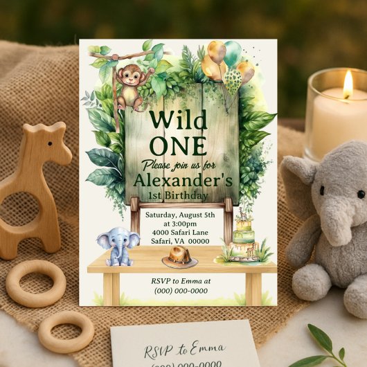 Wild ONE サファリ 誕生日 グリーン ジャングル 動物 招待状
