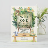 Wild ONE サファリ 誕生日 グリーン ジャングル 動物 招待状 (スタンド正面)