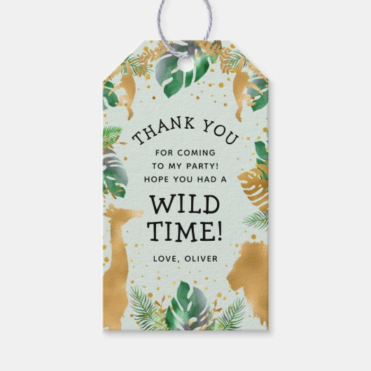 Wild One サファリ 1歳の誕生日 パステルグリーン ゴールド ギフトタグ (正面)