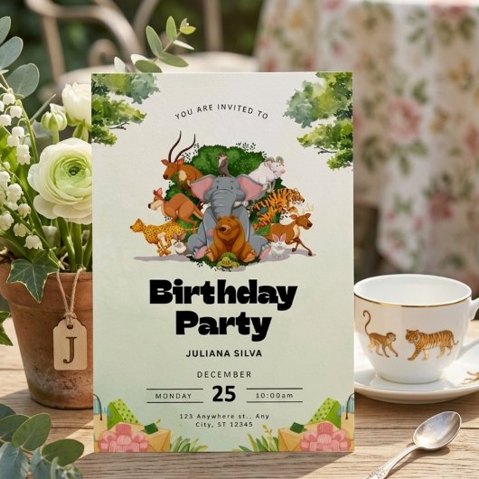 Wild One ジャングルサファリ動物子供の誕生日  招待状