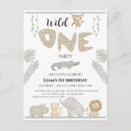 Wild One ジャングルサファリ動物1歳の誕生日 インビテーションポストカード