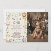 Wild One ジャングルサファリ動物 誕生日フォト 招待状 (正面)