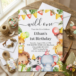 Wild One ジャングルサファリ動物 1歳の誕生日パーティー 招待状
