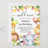 Wild One ジャングルサファリ動物 1歳の誕生日パーティー 招待状 (正面)