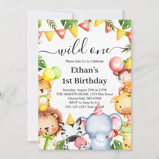 Wild One ジャングルサファリ動物 1歳の誕生日パーティー 招待状 (正面)