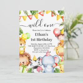 Wild One ジャングルサファリ動物 1歳の誕生日パーティー 招待状