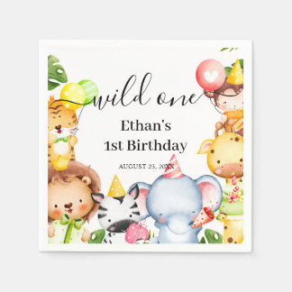 Wild One ジャングルサファリ動物 1歳 誕生日パーティー スタンダードカクテルナプキン