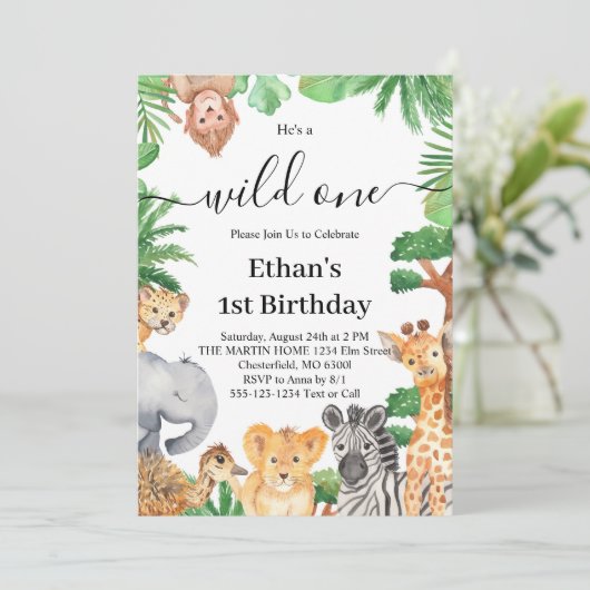 Wild One ジャングルサファリ動物 1歳 誕生日パーティー 招待状 (スタンド正面)