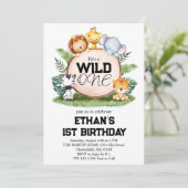 Wild One ジャングルサファリ動物 1歳 誕生日パーティー 招待状 (スタンド正面)