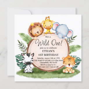 Wild One ジャングルサファリ動物 1歳 誕生日パーティー 招待状