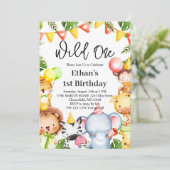 Wild One ジャングルサファリ動物 1歳 誕生日パーティー 招待状 (スタンド正面)