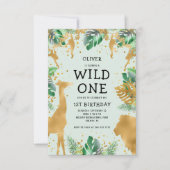 Wild One ジャングルサファリ グリーン ゴールド 1歳の誕生日 招待状 (正面)