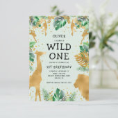 Wild One ジャングルサファリ グリーン ゴールド 1歳の誕生日 招待状 (スタンド正面)